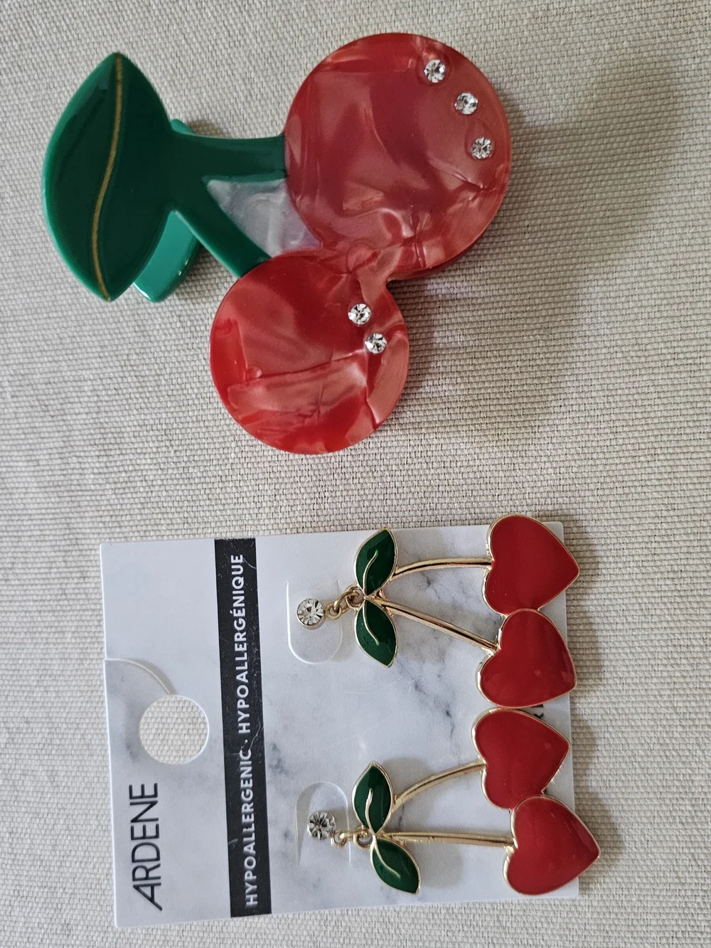 NWT Ardene Cherry Rhinestone Earrings and NEW Cherry Rhinestone Hair Clip